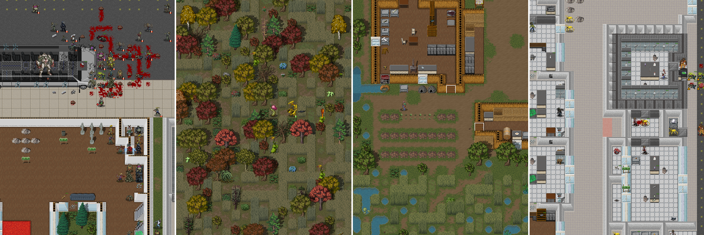Four Cataclysm scenes: a street, autumn woods, a farm, and a tiled interior
