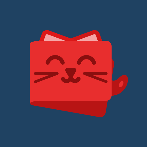Red cat-shaped wallet with a smile on a dark blue square