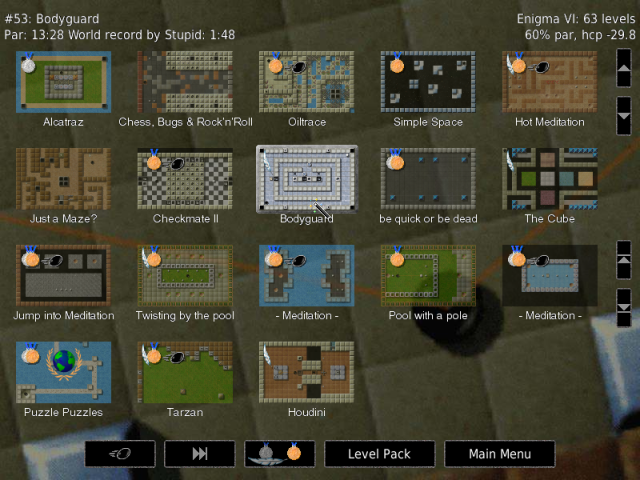 Enigma level menu with small floor-plan thumbnails and a Main Menu button