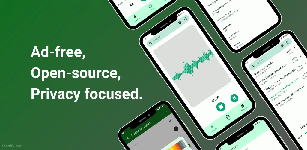 Green Fossify banner with phones showing a waveform and a list of recordings