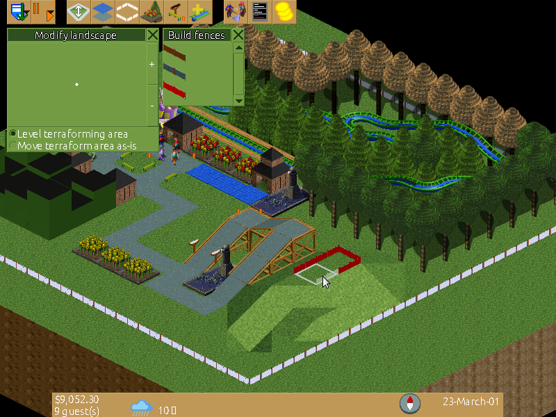 Isometric theme park with a coaster, trees, guests, and landscape tools