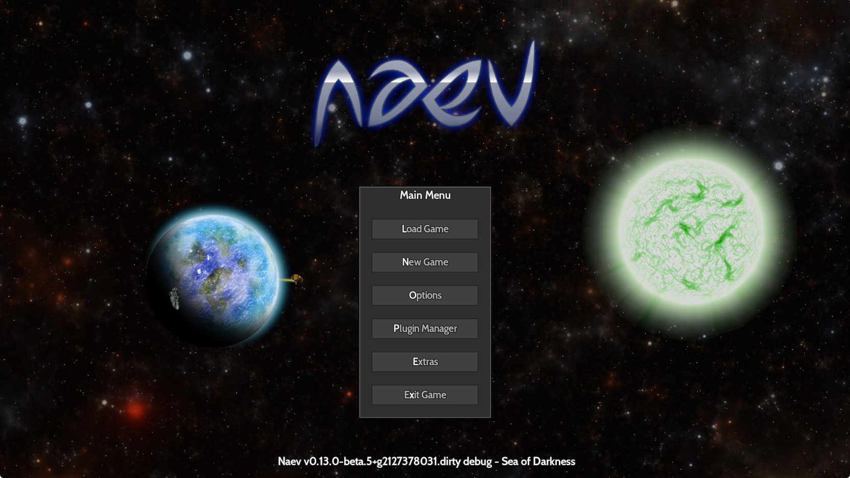 Official Naev title-screen screenshot with a spaceship, planets and stars