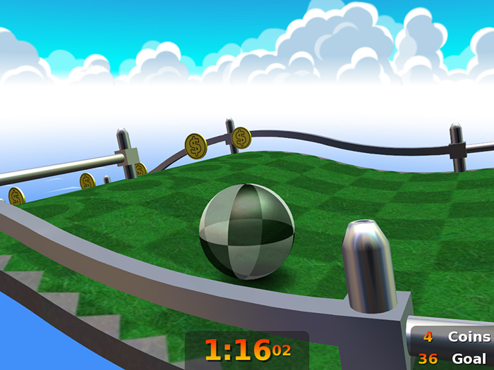 Neverball course with a checkerboard ball, coins, and a countdown