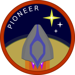 Official Pioneer mission-style badge with a spaceship and stars
