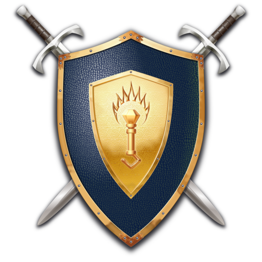 Blue and gold shield with a gold scepter, crossed by two swords